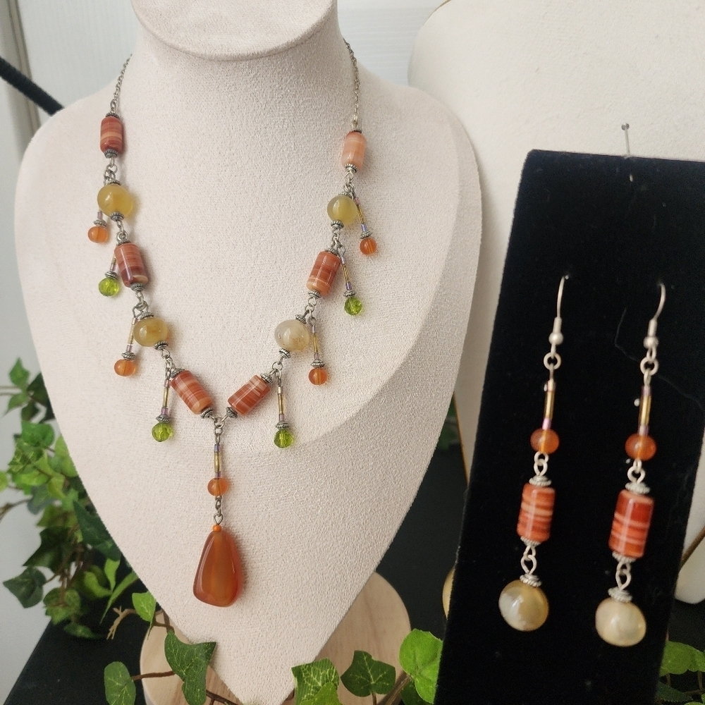 Silver with Natural Stone Necklace with Matching Earrings Set